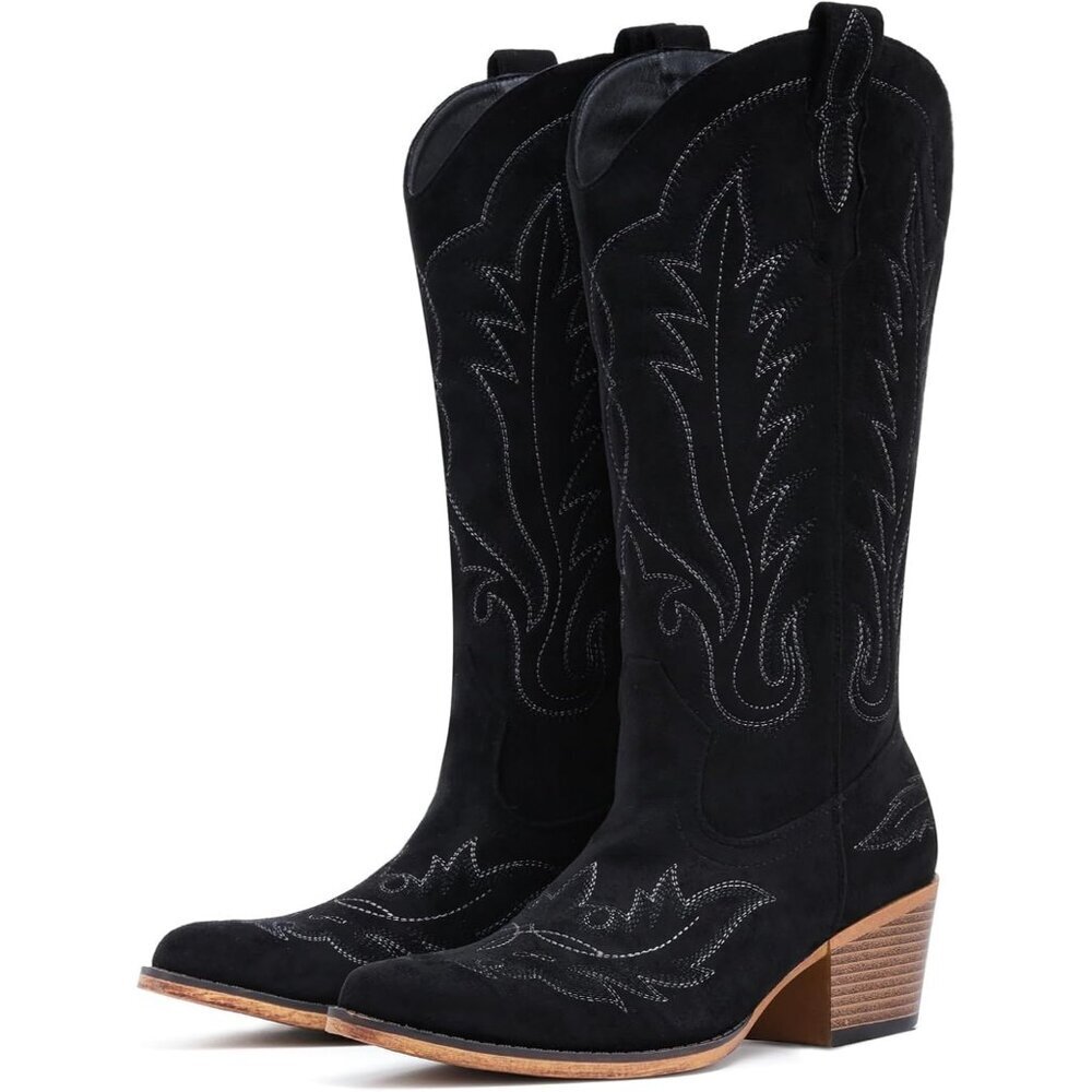 Women Black Faux Suede Retro Snip Toe Chunky Block Heel Embroidered Boot